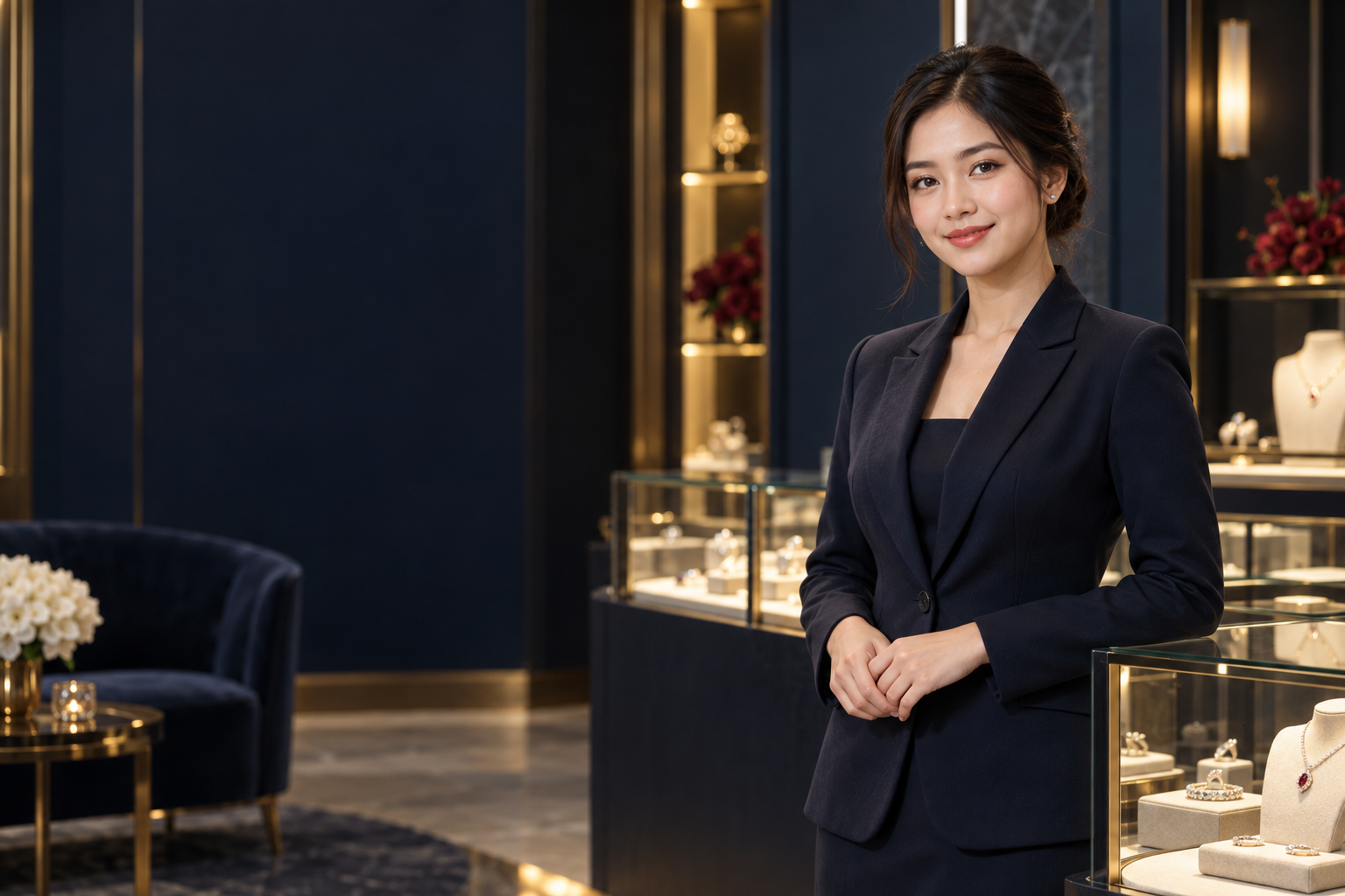 Chuyên viên trẻ trong không gian trưng bày trang sức cao cấp
